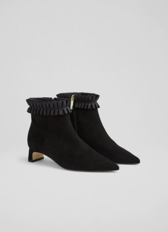 L.K. BENNETT SASKIA BLACK SUEDE RUFFLE TRIM ANKLE BOOTS ~ cute ruffled booties ~ womens chic footwear - flipped