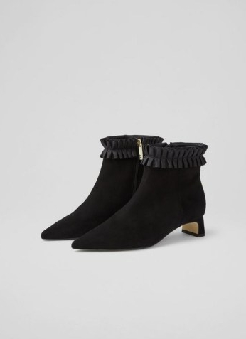 L.K. BENNETT SASKIA BLACK SUEDE RUFFLE TRIM ANKLE BOOTS ~ cute ruffled booties ~ womens chic footwear