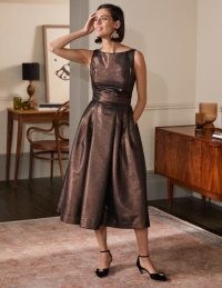 BODEN Scoop Back Fit And Flare Dress Bronze Lurex / vintage style glamour / metallic brown tone party dresses / retro evening fashion / glamorous looks