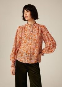 ME and EM Silk Cotton Hummingbird Print Blouse – orange and pink printed ruffle trim high neck blouses – mixed floral and bird prints