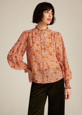 ME and EM Silk Cotton Hummingbird Print Blouse – orange and pink printed ruffle trim high neck blouses – mixed floral and bird prints - flipped
