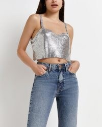 RIVER ISLAND SILVER SEQUIN CROPPED TOP ~ sequinned crop hem camisole tops ~ metallic evening fashion