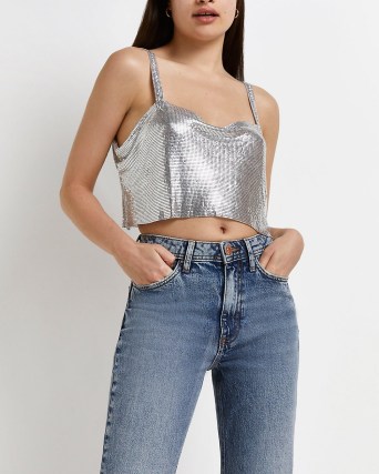 RIVER ISLAND SILVER SEQUIN CROPPED TOP ~ sequinned crop hem camisole tops ~ metallic evening fashion