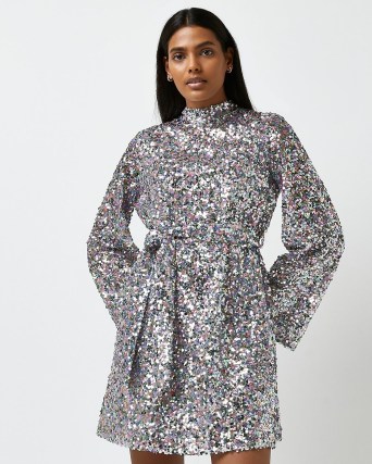 RIVER ISLAND SILVER SEQUIN TIE WAIST MINI DRESS ~ womens sequinned long sleeve high neck party dresses - flipped
