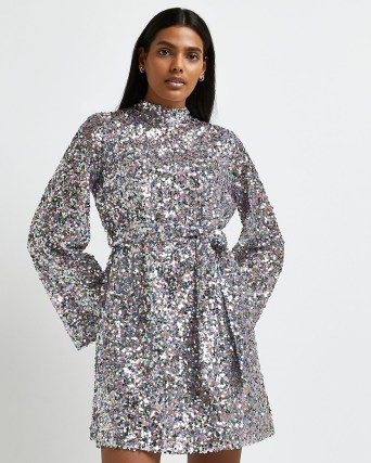 RIVER ISLAND SILVER SEQUIN TIE WAIST MINI DRESS ~ womens sequinned long sleeve high neck party dresses