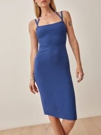 REFORMATION Skyla Dress in Caspian ~ blue strappy halter dresses ~ glamorous evening fashion ~ effortless party glamour