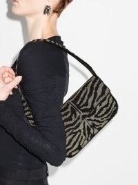 STAUD Tommy beaded-zebra pattern shoulder bag – black and grey bead embellished bags – animal print handbags