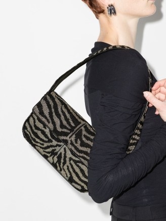 STAUD Tommy beaded-zebra pattern shoulder bag – black and grey bead embellished bags – animal print handbags - flipped