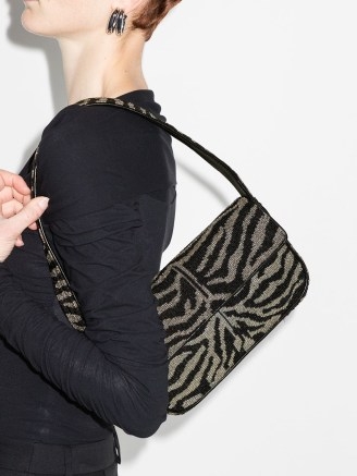 STAUD Tommy beaded-zebra pattern shoulder bag – black and grey bead embellished bags – animal print handbags