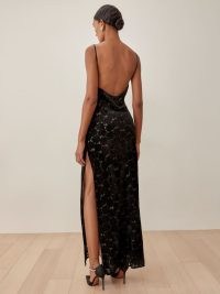 Reformation Symphony Velvet Dress in Black | skinny strap thigh high split hem maxi dresses | glamorous evening occasion fashion