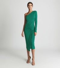 REISS TABBY ONE SHOULDER TWIST FRONT DRESS GREEN ~ asymmetric evening occasion dresses ~ chic party fashion