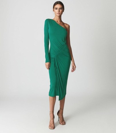 REISS TABBY ONE SHOULDER TWIST FRONT DRESS GREEN ~ asymmetric evening occasion dresses ~ chic party fashion - flipped