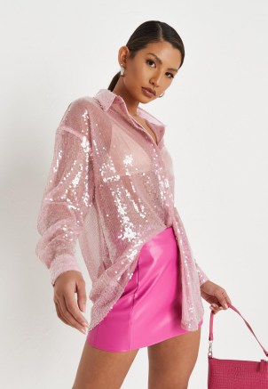 MISSGUIDED tall co ord rose sequin oversized shirt ~ womens sheer sequinned shirts - flipped