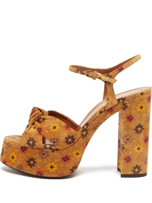 SAINT LAURENT Bianca knotted floral-print platform sandals in tan ~ womens vintage style footwear ~ women’s chunky retro shoes ~ light brown suede 70s look block heel platforms