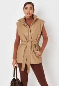 MISSGUIDED tan faux leather belted gilet ~ light brown tie waist gilets ~ womens fashionable sleeveless winter jackets