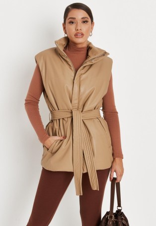 MISSGUIDED tan faux leather belted gilet ~ light brown tie waist gilets ~ womens fashionable sleeveless winter jackets - flipped