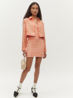 REFORMATION Taren Set in Pink Tweed / checked sleeveless mini dresses and matching jacket / textured check print fashion sets - flipped