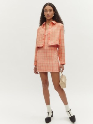 REFORMATION Taren Set in Pink Tweed / checked sleeveless mini dresses and matching jacket / textured check print fashion sets
