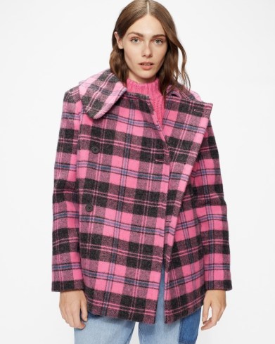 TED BAKER CALCOTT Tartan tweed coat in Pink ~ womens checked wool short length coats - flipped