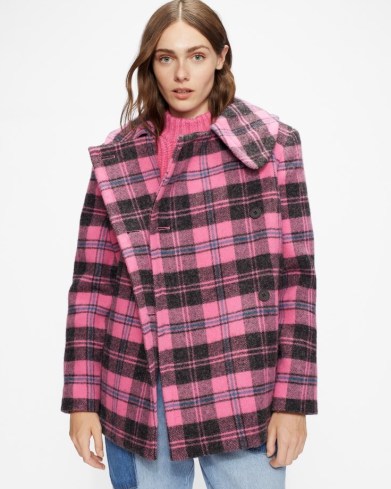 TED BAKER CALCOTT Tartan tweed coat in Pink ~ womens checked wool short length coats