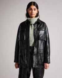 TED BAKER FOZIEY Textured Vinyl Field Jacket Black ~ womens utility style pocket detail jackets