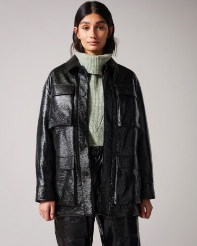 TED BAKER FOZIEY Textured Vinyl Field Jacket Black ~ womens utility style pocket detail jackets - flipped