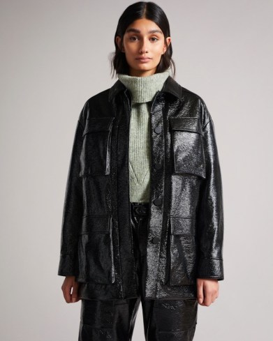 TED BAKER FOZIEY Textured Vinyl Field Jacket Black ~ womens utility style pocket detail jackets