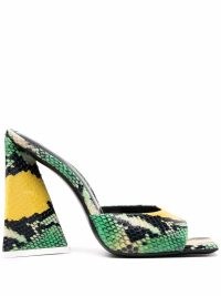 The Attico all-over snakeskin print sandals in green – snake print square toe block high heels