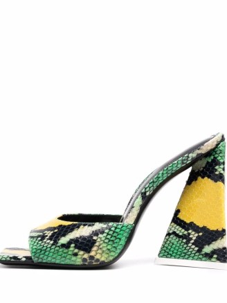 The Attico all-over snakeskin print sandals in green – snake print square toe block high heels - flipped