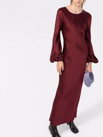 There Was One contrast-trim puff-sleeve long dress in burgundy | dark red slinky satin maxi dresses | elegant party fashion | timeless evening clothing - flipped