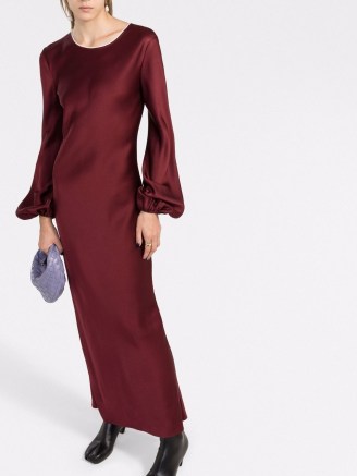 There Was One contrast-trim puff-sleeve long dress in burgundy | dark red slinky satin maxi dresses | elegant party fashion | timeless evening clothing