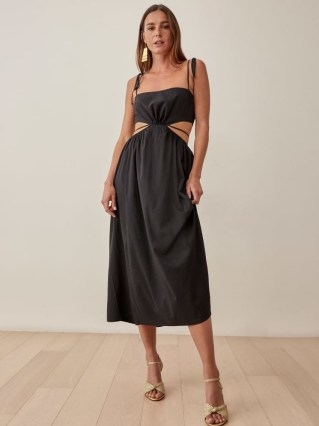 REFORMATION True Dress in Black – skinny strap cut out detail midi dresses - flipped