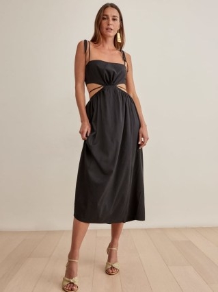 REFORMATION True Dress in Black – skinny strap cut out detail midi dresses