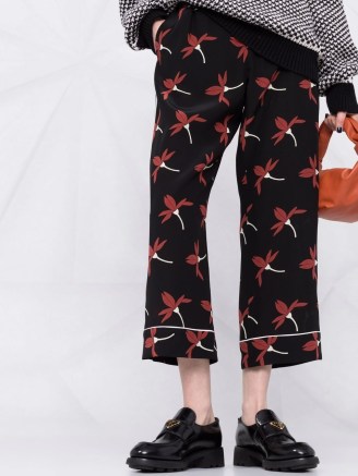 Valentino Fairy Flowers print cropped trousers / womens black floral silk crop leg pants - flipped