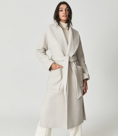 Reiss VIOLA WOOL BLEND COAT STONE – womens classic wrap style tie waist coats – women’s chic winter outerwear - flipped