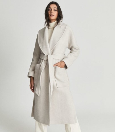 Reiss VIOLA WOOL BLEND COAT STONE – womens classic wrap style tie waist coats – women’s chic winter outerwear
