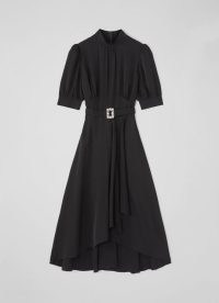 L.K. BENNETT VIOLET BLACK SATIN CREPE CRYSTAL BUCKLE MIDI DRESS ~ chic LBD ~ high neck puff sleeve party dresses ~ feminine occasion fashion