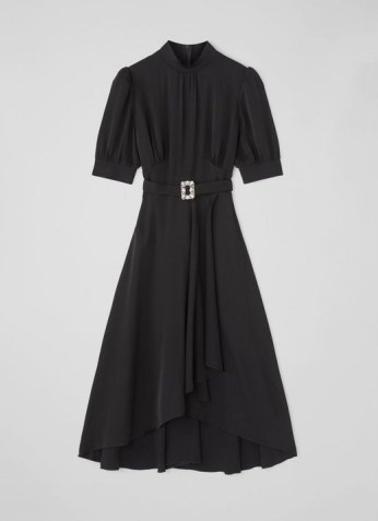 L.K. BENNETT VIOLET BLACK SATIN CREPE CRYSTAL BUCKLE MIDI DRESS ~ chic LBD ~ high neck puff sleeve party dresses ~ feminine occasion fashion