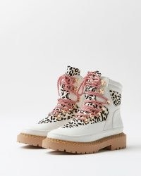 River Island WHITE ANIMAL PRINT HIKING BOOTS – womens printed lace up boots