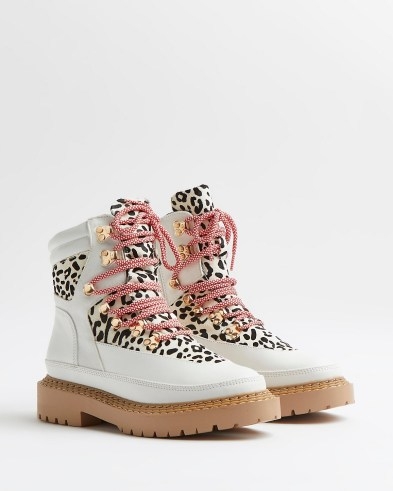 River Island WHITE ANIMAL PRINT HIKING BOOTS – womens printed lace up boots - flipped