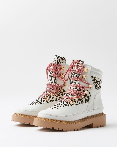 River Island WHITE ANIMAL PRINT HIKING BOOTS – womens printed lace up boots