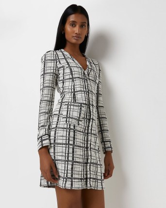 RIVER ISLAND WHITE CHECK BOUCLE MINI DRESS ~ on-trend textured fabric dresses - flipped