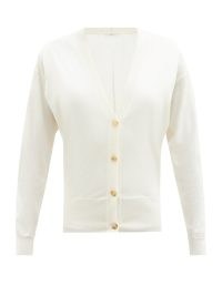 THE ROW Drupax V-neck cashmere-blend cardigan in white ~ minimalist knitwear ~ womens relaxed fit drop shoulder cardigans