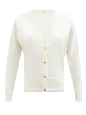THE ROW Drupax V-neck cashmere-blend cardigan in white ~ minimalist knitwear ~ womens relaxed fit drop shoulder cardigans