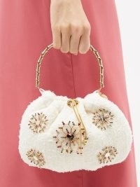 ROSANTICA Fatale Luminaria embellished bouclé bag in white | luxe top handle evening bags | small floral themed occasion handbag | textured fabric party handbags