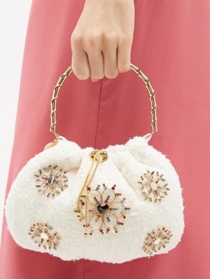 ROSANTICA Fatale Luminaria embellished bouclé bag in white | luxe top handle evening bags | small floral themed occasion handbag | textured fabric party handbags - flipped
