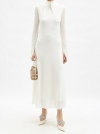 16ARLINGTON Kaya oversized collar white crepe midi dress – elegant sheer overlay fluid fabric occasion dresses