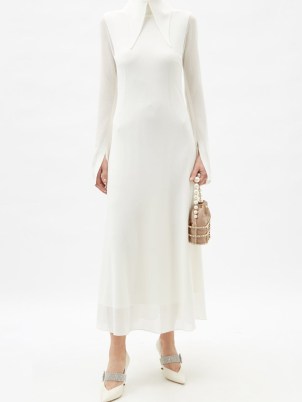 16ARLINGTON Kaya oversized collar white crepe midi dress – elegant sheer overlay fluid fabric occasion dresses - flipped