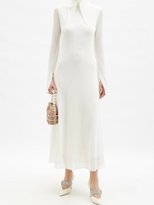 16ARLINGTON Kaya oversized collar white crepe midi dress – elegant sheer overlay fluid fabric occasion dresses