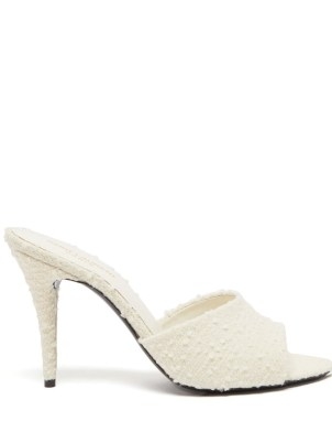 SAINT LAURENT LA 16 white bouclé-tweed mules ~ textured high heel mules ~ glamorous party heels ~ evening glamour - flipped